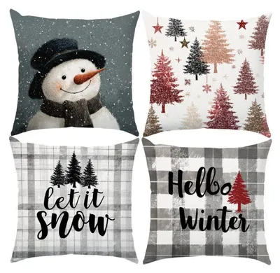 Produktbild von Weihnachten Kissenbezüge 45x45 cm 4er Set Schneemann Grau Leinenoptik