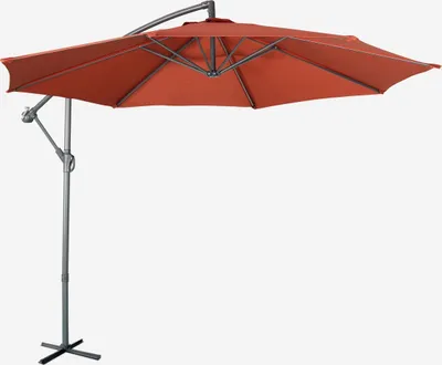 A cantilever umbrella with a terracotta canopy and a gray metal pole and base, set against a plain white background.