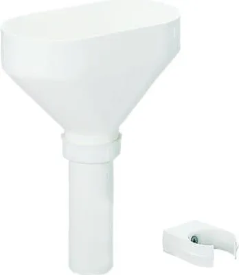 A white funnel with a cylindrical extension and a small white clip are shown against a white background.