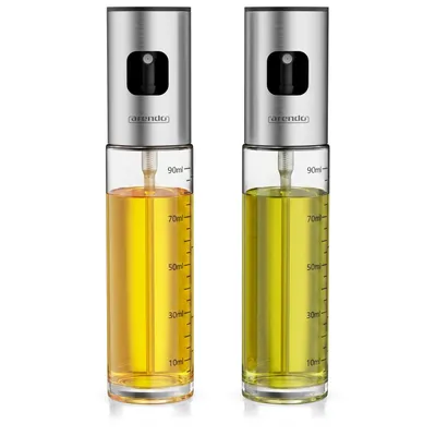 Produktbild von Arendo Ölsprüher, Olivenölspender, Ölspender 2er Set, Glas, Skala 90 ml, Silikonbürste, Reinigungsbürste, Trichter, für Heißluftfritteuse, Backen, Kochen, Braten, Salat, Grill, BPA Frei