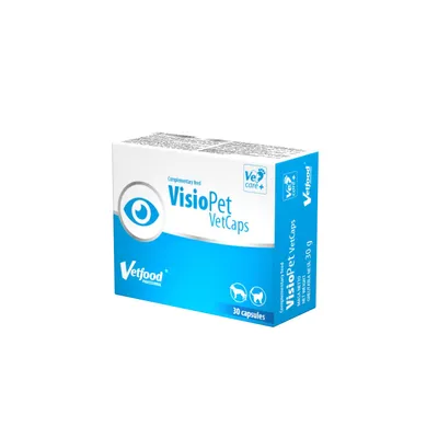 Imagen del producto de Vetfood VISIOPet VetCaps, 30 cápsulas: alimento complementario para perros y gatos, con luteína, zeaxantina, omega-3, licopeno y antioxidantes