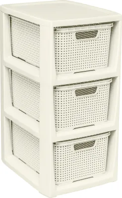 A three-drawer storage unit with a rattan-like texture.