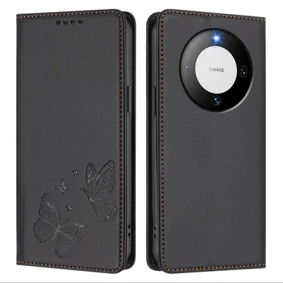 Obrázek produktu pro Kožené pouzdro pro Huawei Mate 60, motýlí ražbou, peněženkové flip pouzdro se stojánkem Černá