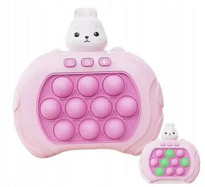 A pink electronic pop-it toy shaped like a rabbit is displayed against a white background. A smaller version of the toy is shown in the lower right corner.
