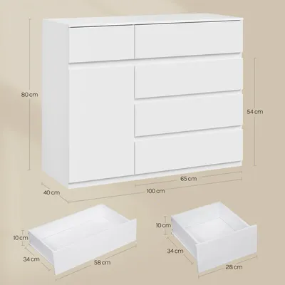 Image de Commode - Armoire de rangement avec tiroirs - 5 tiroirs - 100 x 40 x 80 cm - Blanche - Bois - Style moderne