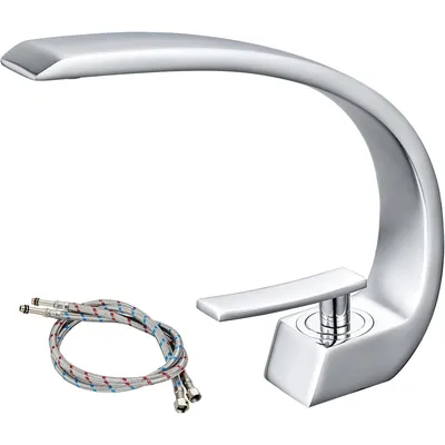 A silver-colored faucet with attached hoses against a white background.