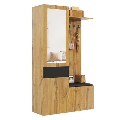 Produktbild von Garderobenset mit 5 Garderobenhaken, Spiegel, Schuhschrank, Einbauschrank mit oberen Regalen, Schubladen, oberen Ablagefächern, Flurgarderobenbank