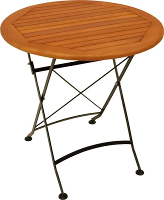A round wooden garden table with a black metal folding frame, shown against a white background.