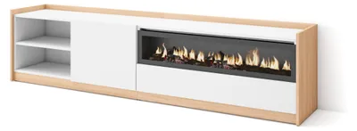 Produktbild von TV-Schrank, Lowboard, 207x37x50cm, Für TV-Geräte bis zu 80", Elektrokamin., Weiß und Eiche Soft
