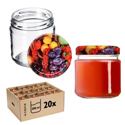 Produktbild von KADAX Einmachgläser mit Deckel "Lerma", Einweckgläser, 200 ml, Deckel mit Fruchtmuster, 20 Stück