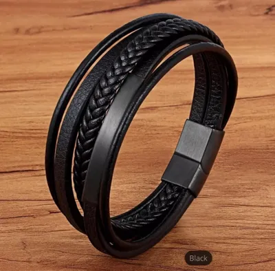 Produktbild von Armband Herren Leder Edelstahl Magnetverschluss Schwarz 20,5 Cm Lang