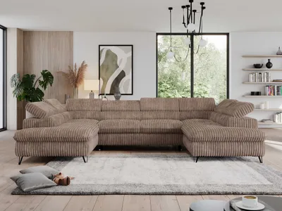Produktbild von U-form Couch, Schlaffunktion, Ecksofa mit verstellbare Kopfstützen, Bettkasten - PEDRO U - Cord - Braun