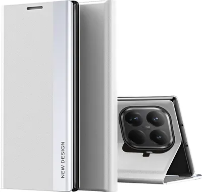 A white flip case for a smartphone is shown standing upright, with the phone partially visible and open.