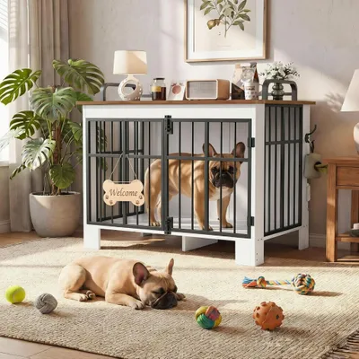 Produktbild von Hundekäfig mit 2 Türen, Hundebox für Zuhause Hundehütte Indoor, Für Mittel-Großhunde bis 50kg, 100x60x75 cm, Weiß