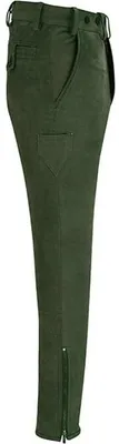Seitenansicht traditioneller dunkelgrüner Lederhosen aus 100 % Büffelleder. Die Hose verfügt über vorderlichen Reißverschluss und Knopfverschluss, ist knielang und mit dekorativen Knopfdetails versehen.