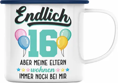 Produktbild von Trendation - 16. Geburtstag Emaille Tasse Geschenk Mädchen Jungen Geschenkidee Lustig Spruch 16 Geschenke Geschenkideen zum 16 Bday 16er (Blau)