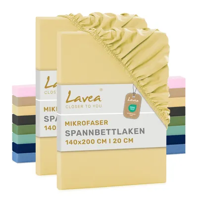 Produktbild von Lavea® 2er Set Spannbettlaken 140x200 cm aus Mikrofaser, Bettlaken mit Rundumgummi, für Matratzen bis 20 cm, atmungsaktiv und kühlend - Sand