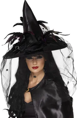Produktbild von Hexenhut Hut Hexe für Damen schwarz Halloweenkostüm Damenhut Federn Halloween Halloweenhut