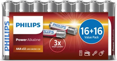 Zdjęcie produktu dla Philips Power Alkaline Bateria LR03P32FV/10, Jednorazowa bateria, AAA, Alkaliczny, 1,5 V, 32 szt., 3 lat(a)