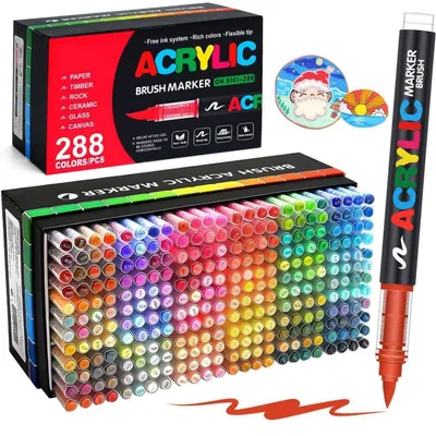 Immagine prodotto di Set di pennarelli acrilici, 288 colori, resistenti all'acqua, punta a pennello, ad asciugatura rapida, atossici, adatti per pietra, vetro, Vetroceramica, legno e metallo