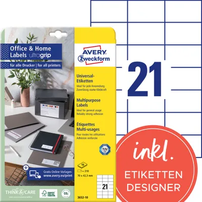 A product package for Avery Zweckform labels, showing the packaging and a sheet of labels.