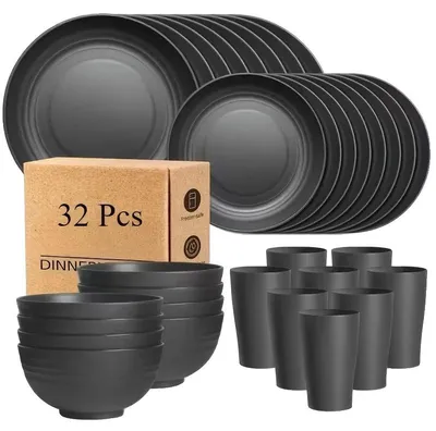 Immagine prodotto di Set di stoviglie in plastica, piatti, ciotole, 32 pezzi - colore nero