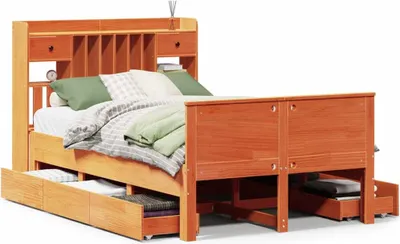 Produktbild von Massivholzbett mit Regal ohne Matratze Wachsbraun 135x190 cm