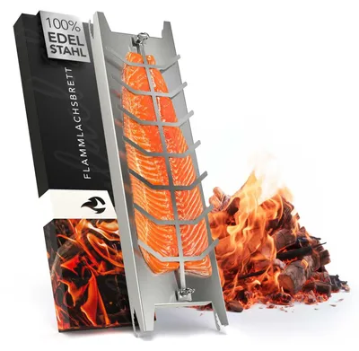 Produktbild von Zimilo Flammlachsbrett aus Edelstahl, 52 cm, drehbar, 5 Neigungswinkel, spülmaschinengeeignet für Feuerschale und Grill