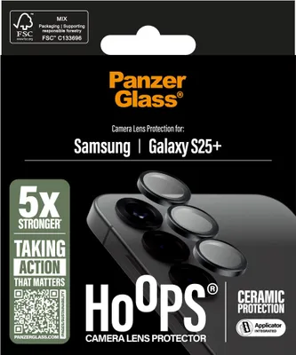 Produktbild von PanzerGlass ® Hoops® Ceramic Kameraschutz Samsung Galaxy S25+, Samsung, Samsung - Galaxy S25+, Trockene Anwendung, Kratzresistent, Schockresistent, Schwarz, 1 Stück(e)