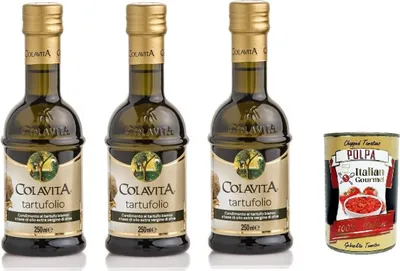 Produktbild von Colavita Aromed Evoo - Tartufolio -Gewürz, weiße Trüffel -Aroma -Olivenöl, 3x 250 ml Glasflasche + Italian Gourmet polpa 400g