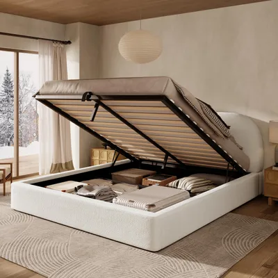 Image de okwish Lit rembourré 180x200cm lit double avec coffre et rangement, coins arrondis, cadre avec lattes, beige (sans matelas)