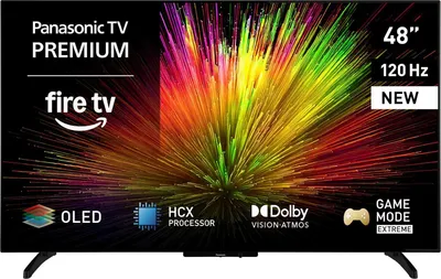 A promotional image of a Panasonic TV displaying a colorful abstract image on its screen, with various feature callouts around the screen.