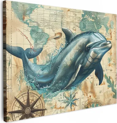 Produktbild von MuchoWow® - Leinwandbilder - Vintage - Delfin - Tiere - Aquarell - Blau, Wandbild, Wanddeko Bilder Wohnzimmer, 40x30 cm