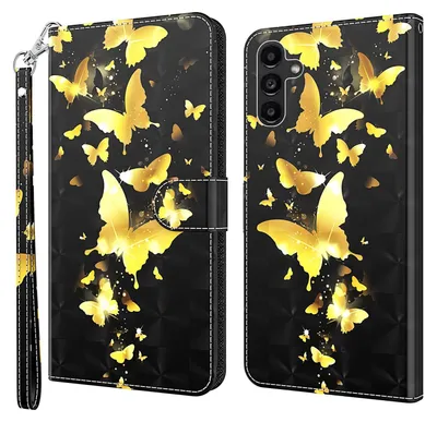 Produktbild von CLM-Tech Handyhülle kompatibel mit Samsung Galaxy A15 5G Hülle - Tasche aus Kunstleder - Klapphülle mit Ständer und Kartenfächern - Schutzhülle Wallet Case Cover Schmetterlinge gold schwarz
