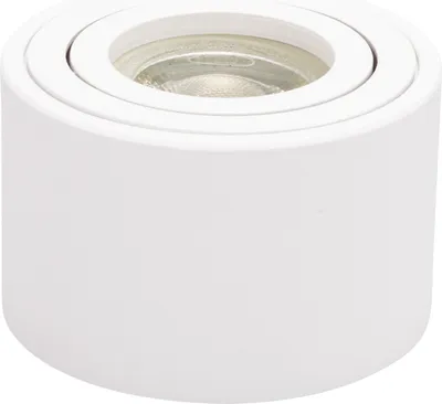 A white cylindrical spotlight with a glass lens on top, set against a white background.