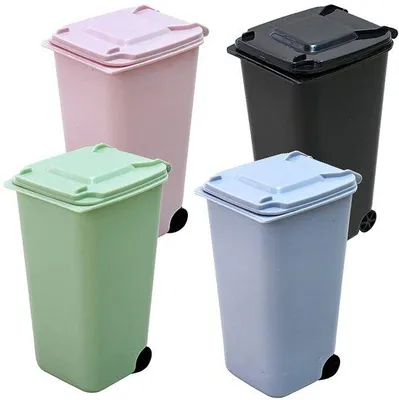 Zdjęcie produktu dla 4 sztuki mini koszy na śmieci z pokrywką - plastikowe pojemniki na odpady do kuchni, łazienki, biura - szczelne, w kolorach: różowy, jasnoniebieski, jasnozielony