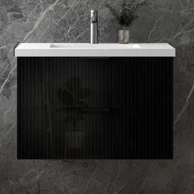 Produktbild von Unterschrank mit Waschbecken Waschbeckenunterschrank Badmöbel Waschtisch Badezimmerschrank, hochglanz Schwarz Holz, Sanfter Schluss, 80x44.5x52cm