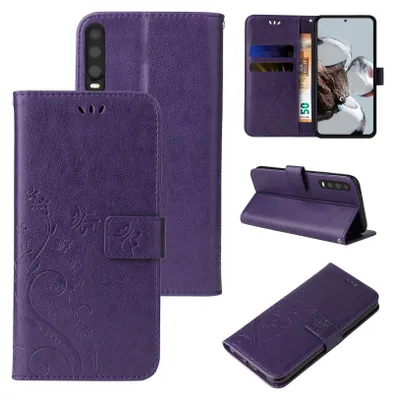A collage of images showing a purple floral and butterfly embossed flip phone case for a Huawei P30.