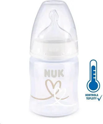 A NUK baby bottle with a temperature control indicator.