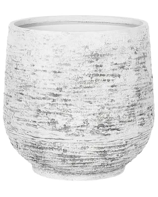 A single, light gray, textured planter pot is shown against a white background.