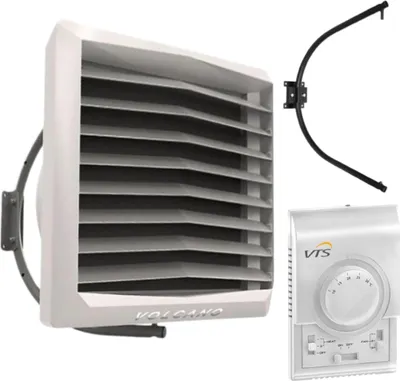 A white industrial heater unit with a black mounting bracket and a white thermostat are shown against a white background.