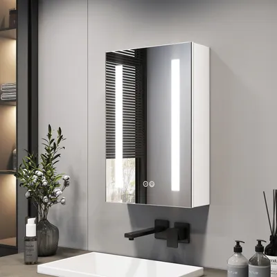 Obrázek produktu pro Zrcadlová skříňka EMKE s LED osvětlením 400 x 600 x 145 mm s ochranou proti zamlžení a 3 barvami stmívatelného světla, 1-dveřová koupelnová skříňka se zásuvkou a dotykovým spínačem