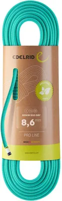Produktfoto des Siskin Eco Dry 8;6mm Kletterseils von Edelrid; grün-blau mit Verpackung.
