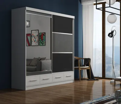 Produktbild von Krudox MARBIS Weiss Kleiderschrank Schiebetüren 200x216x62 cm Spiegel Lacobel Schwarz Grau 1 Kleiderstange 4 Schubladen