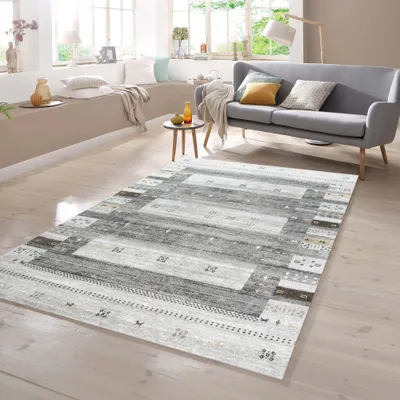 Image de Tapis d'Orient à motifs ornementaux gris - Dimensions : 80 x 150 cm