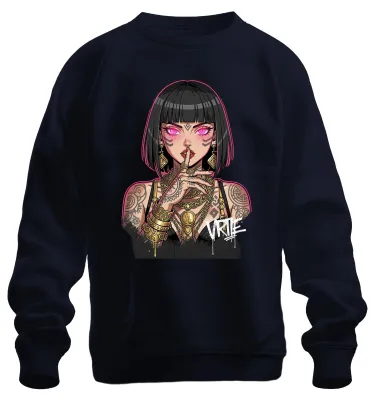 Obrázek produktu pro Tričko s potiskem "VRITE Anime Girl Tattoo Gold Pink Augen Silence Japan Manga", barva tmavě modrá, velikost M