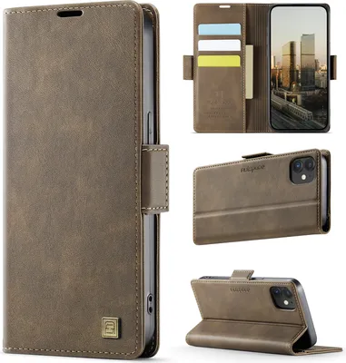 Produktbild von Lederhülle für iPhone 12/iPhone 12 Pro, RFID Schutz Handyhülle mit Magnetverschluss, Kartenfächern und Ständer Braun