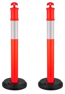 Obrázok produktu pre Vymedzovacie stĺpiky 2 ks s vyplniteľnou základňou a reflexnými pásmi (114 cm) - výstražné stĺpiky na staveniská a parkoviská - zábrany na kontrolu davu, červené