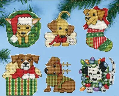 Produktbild von Design Works Kreuzstich Stickpackung "Weihnachtsbaumschmuck Welpen (6er-Set)", Zählmuster, 5x10cm