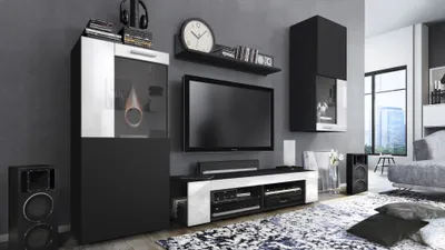 Produktbild von Vladon Wohnwand Movie, Anbauwand bestehend aus 1 TV-Board, 2 Vitrinen und 1 Regal, Schwarz matt/Schwarz matt/Weiß Hochglanz (Gesamt: 300 x 190 x 39 cm)